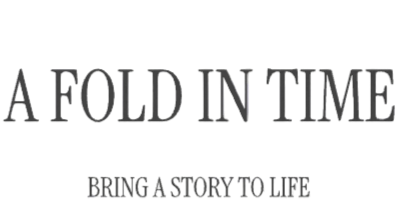 Text 'A Fold in Time: Bring a Story to Life' on a light gray background with abstract patterns.